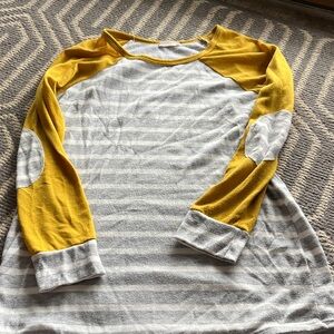Kids Long Sleeve Raglan Top - Mustard Yellow and Light Gray Stripe